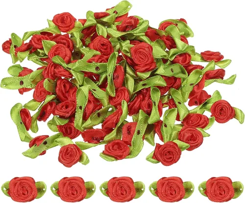 Vista 6 de PATIKIL Mini rosas de cinta, 100 unidades, pequeñas flores de tela de satén con adornos de hojas verdes, rosetas para manualidades, costura, boda