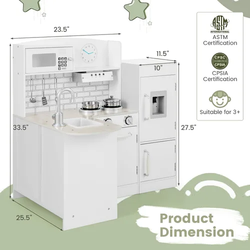 Vista 6 de Costzon Juego de cocina esquinera para niños, juego de cocina de madera 8 en 1 con microondas realista, horno, estufa, refrigerador, campana