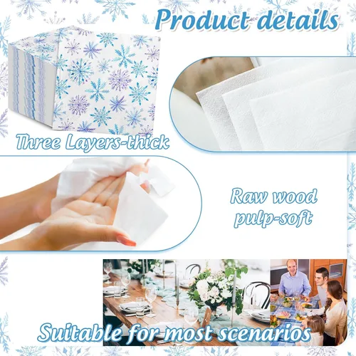 Vista 3 de 80 servilletas de papel de Navidad desechables con copos de nieve azules y morados, servilletas de cena de acuarela de invierno para Navidad