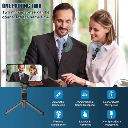 Vista 2 de Paquete de 2 micrófonos inalámbricos para iPhone, iPad, Android, portátil, mini micrófono con clip Plug-Play, micrófono de solapa profesional
