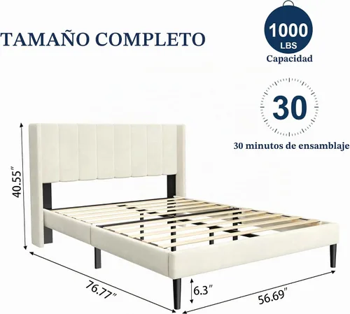 Vista 2 de Sismplly Armazón de cama tamaño completo con cabecero, respaldo acolchado con canales verticales tipo ala, no necesita somier, base de colchón