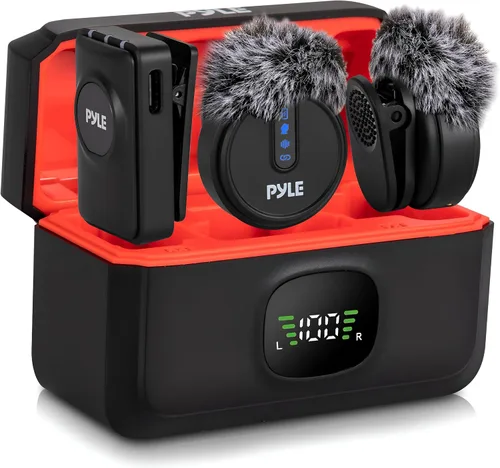 Vista 9 de Pyle Sistema de micrófono inalámbrico Lavalier, micrófono con clip con cancelación de ruido, batería 7H, audio de 360°, funda de carga USB-C