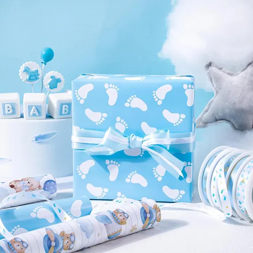Vista 7 de WRAPAHOLIC Papel de regalo de oso para baby shower, mini rollo, 3 rollos, 17 x 120 pulgadas, diseño de oso de aventura en avión y fiesta para baby