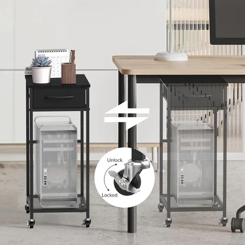 Vista 4 de CADUKE - Soporte de torre para computadora de 2 niveles, color negro, soporte de PC con cajón de tela Moderno soporte de impresora, patas