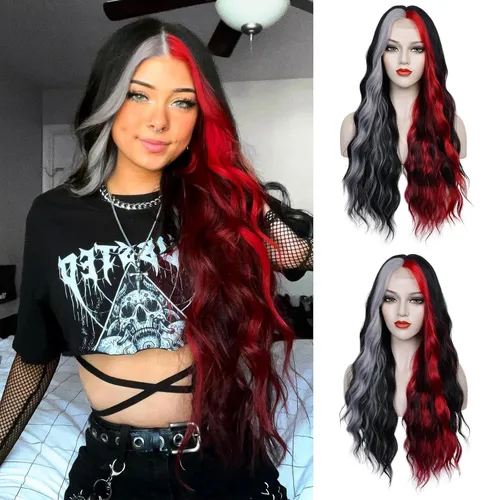 Vista 13 de WECAN Pelucas largas y rizadas rosas y azules para mujer, fiesta de cosplay y Halloween, fibras sintéticas, peluca Harley Quinn del escuadrón suicida