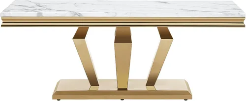 Vista 9 de SSLine Mesa auxiliar rectangular de mármol sintético para sala de estar, moderna mesa central de mármol blanco de lujo con base de diamante dorado