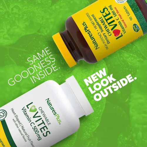 Vista 2 de NaturesPlus Lovites - 90 tabletas masticables en forma de corazón - 500 mg de vitamina C - Sabor natural a frutas - Vegano, sin gluten - 90 porciones