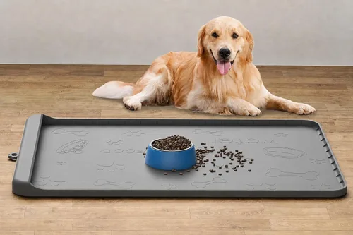 Vista 13 de Tapete para Comida de Perro - Tapete de Silicona para Perro para Comida y Agua - 36" x 24" Tapetes Grandes de Alimentación para Mascotas con Azul