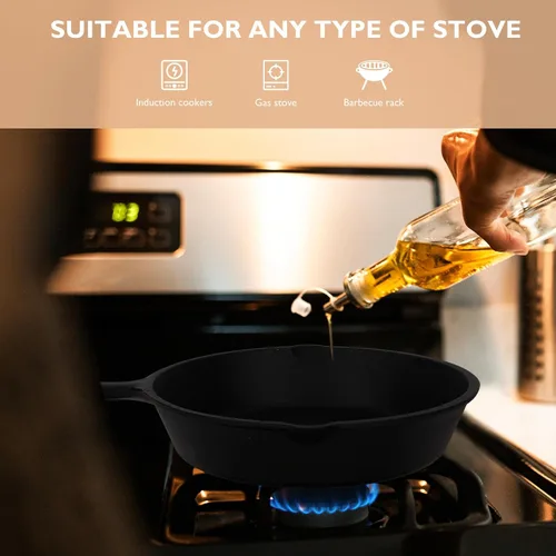 Vista 8 de Unomor Sartén antiadherente de hierro fundido grueso con base de madera, sartén de cocina doméstica para huevos, panqueques, distribución uniforme