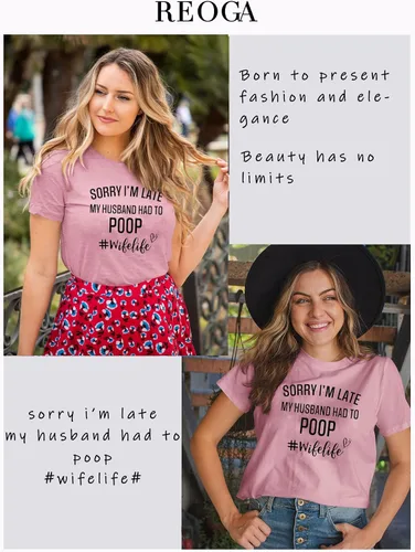 Vista 3 de Camisetas divertidas para mujer con texto en inglés "Sorry Im Late My Husband Had to Poo