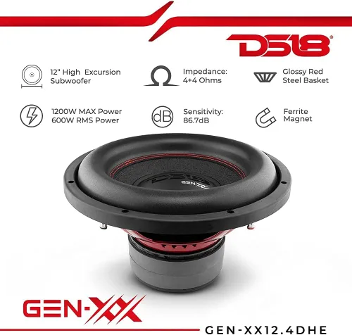 Vista 5 de DS18 GEN-XX12.4DHE - Subwoofer para automóvil de alta excursión de 12 pulgadas, 1000 vatios, bobina de voz dual máxima, 4+4 ohmios (1 altavoz)