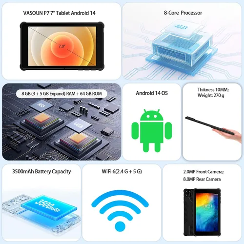 Vista 4 de VASOUN Tablet Android 14 de 7 pulgadas, 8 GB de RAM 64 GB ROM, Octa-Core 2.0 GHz, pantalla táctil IPS, cámara dual, 5G WiFi/Bluetooth, tableta