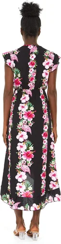 Vista 3 de Camisa hawaiana Luau o vestido cruzado con volantes en color rosa y negro hibisco vid
