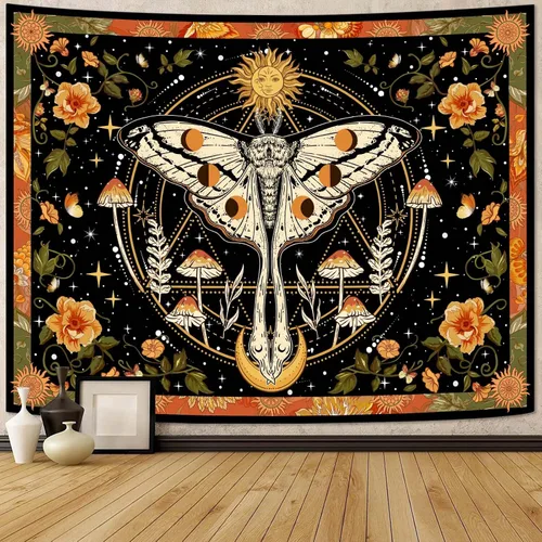 Vista 12 de Aipon Tapiz bohemio de polilla vintage con flores florales, tapices estéticos retro de hongos para dormitorio, sol y luna, tapiz pequeño para colgar