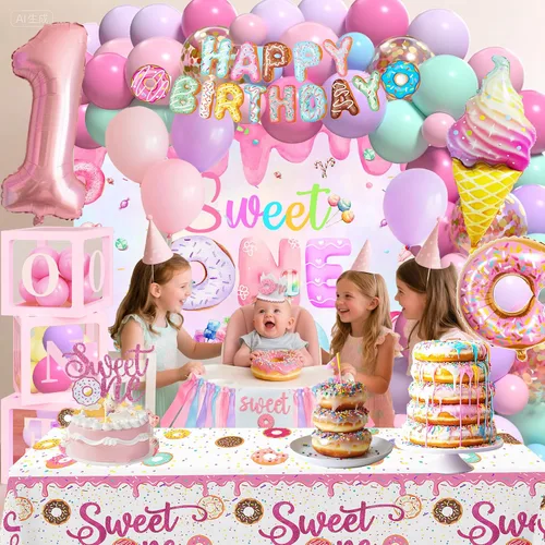 Vista 2 de Decoraciones de primer cumpleaños para niña, decoración de primer cumpleaños con telón de fondo, cajas de globos, mantel, decoración de pastel