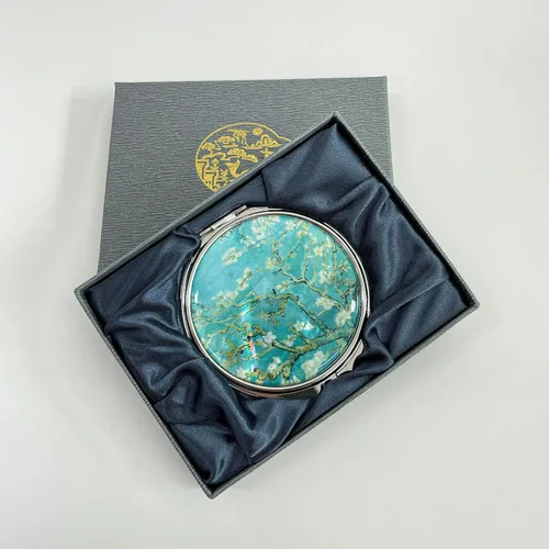 Vista 4 de Espejo de doble aumento compacto para maquillaje portátil, estilo cosmético, plegable, de bolsillo, diseño único de madreperla (flor de almendra)