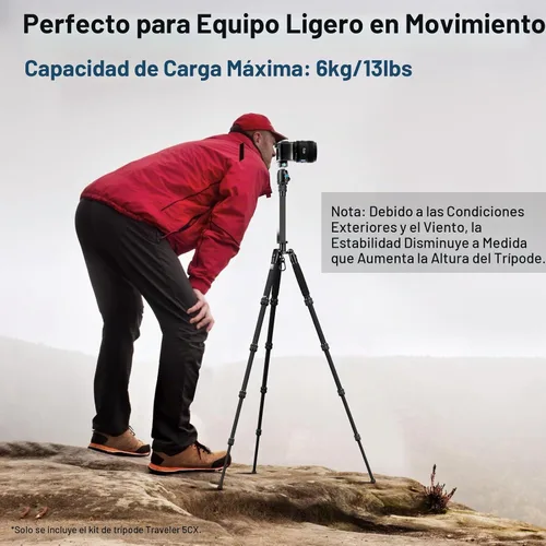 Vista 5 de SIRUI Trípode de Viaje Ligero de Fibra de Carbono, Trípode de Cámara Compacto de 52" con Kit de Cabeza de Bola de 360°, Columna Central Desmontable