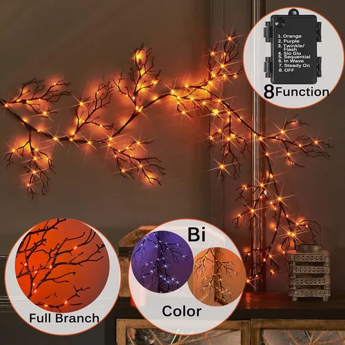 Vista 3 de Hairui - Guirnalda de Halloween con luces, 120 luces de hadas bicolor naranja y morado, 8 funciones, guirnalda negra iluminada de 6 pies, funciona
