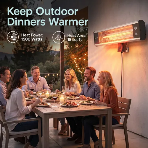 Vista 7 de SereneLife - Calentador de patio con infrarrojos, calentador eléctrico de pared con control remoto, 1500W, aprobado IP65, sin olor, para interiores