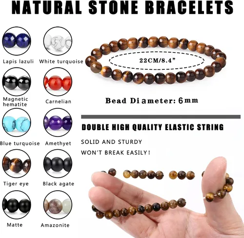 Vista 2 de FIBO STEEL 10 pulseras de cuentas de piedra natural de 6 a 0.315in para mujeres y hombres, pulseras de cuentas de cristal con piedras preciosas