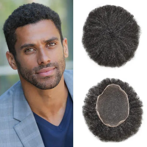 Vista 23 de Afro Toupee Hair Piece para hombres negros Encaje suizo completo Afro Hombres Toupee cabello humano rizado hombres onda unidades de cabello