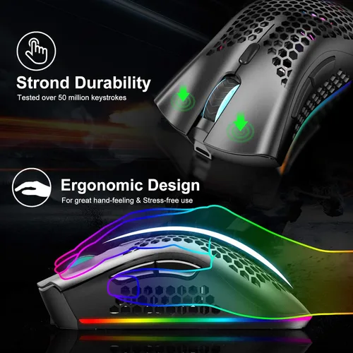 Vista 6 de AAJO Mouse inalámbrico para juegos mouse USB con carcasa de panal de abeja mouse retroiluminado RGB Chroma agarre cómodo de Hyperspeed ratones