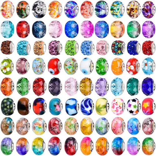 Vista 10 de 120 Piezas de Cuentas Europeas Surtidas para Manualidades Agujero Grande Cuentas Espaciadoras Lampwork Cuentas Europeas Coloridas para Collar Flor
