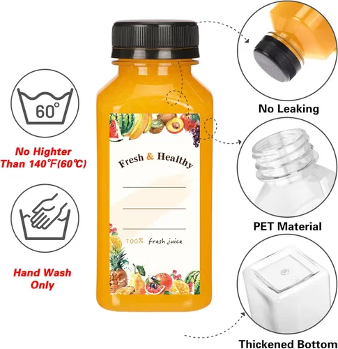 Vista 3 de Moretoes 12 botellas de plástico para jugo de 8 onzas con tapas, botellas de agua reutilizables vacías transparentes, recipientes desechables