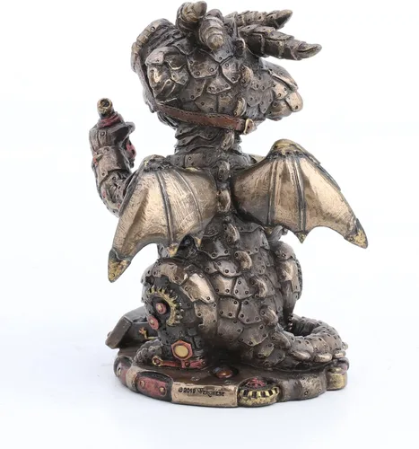 Vista 6 de Veronese Design Steampunk Dragon Tinkerer con gafas de engranaje mecánico Figura de resina acabado bronce