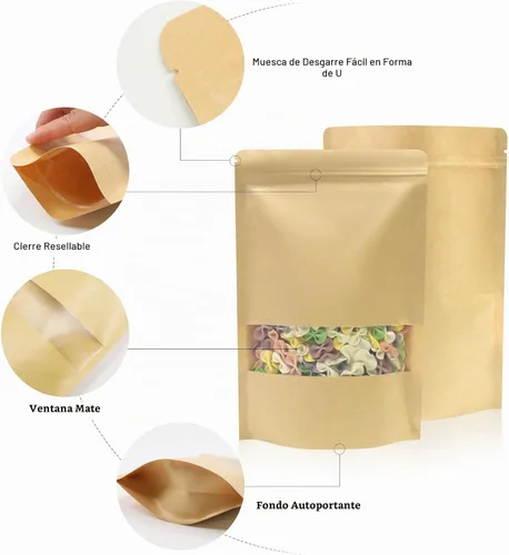 Vista 2 de SumDirect Bolsas de pie de estraza – 50 bolsas de papel kraft resellables con ventana, bolsas de almacenamiento de alimentos con cremallera