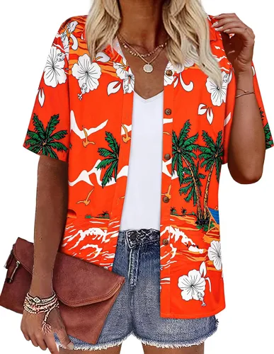 Vista 7 de LILYCHIC Camisas hawaianas de verano con botones de coco para mujer, camisas suaves con botones de manga corta A-hoja floral negra