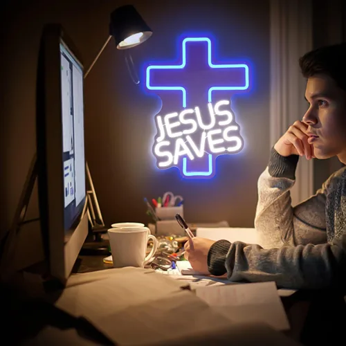 Vista 6 de Letreros de neón con cruz de Jesús salva, letreros LED para decoración de pared, regulables, luces de neón de Jesús para dormitorio, sala de estar