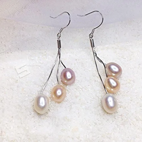 Vista 3 de Pearl earrings, Real Pearls In Sterling Silver Earrings, Flawless Freshwater Pearl Dangles, Multi Colored Cultured Pearls Drop Earrings