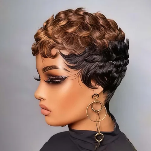 Vista 4 de VCK Pelucas cortas de cabello humano para mujeres negras, pelucas cortas de cabello humano en capas, pelucas de corte Pixie para mujeres, pelucas