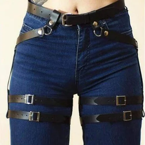 Vista 3 de Cadena de cintura de cuero punk, arnés de pierna negra, cadena de cuerpo, arnés gótico para muslos, jaula, accesorio para el cuerpo, joyería