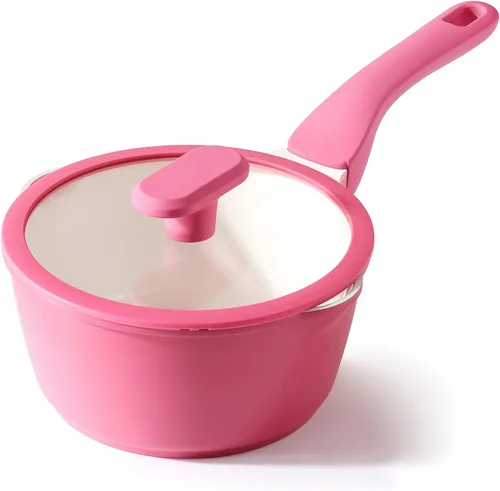 Vista 17 de PRICUSIS Cacerola antiadherente de cerámica con tapa, olla no tóxica de 1.3 cuartos de galón con boquillas de vertido, totalmente revestida, 100%