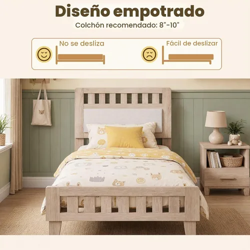Vista 8 de KOMFOTT Base de cama individual de madera con cabecera tapizada, plataforma moderna de mediados de siglo con espacio debajo de la cama, base