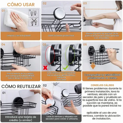 Vista 8 de LEVERLOC Organizador de ducha con ventosa, estante de baño con gancho y soporte para jabón 1 x negro