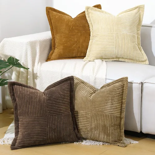 Vista 12 de Lewondr - Fundas de almohada de pana, juego de 4 fundas cuadradas de 22x22 pulgadas, con diseños a rayas modernas, para sofá, sala de estar, Marrón