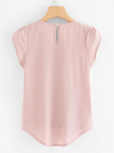 Vista 4 de Milumia Blusa de cuello redondo plisado para mujer, estilo casual y básico, con manga casquillo y abertura de cerradura en la espalda