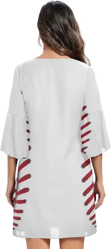 Vista 2 de Vestido de béisbol con costuras rojas y pelota blanca para mujer, vestido de gasa de manga corta, cuello en V, con volantes, talla S 2045270