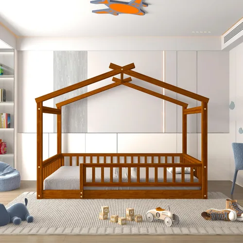 Vista 10 de RUNNA Marco de cama de madera de tamaño matrimonial con valla, para niños, adolescentes, niñas, niños, (Natural-Thinck 4col)