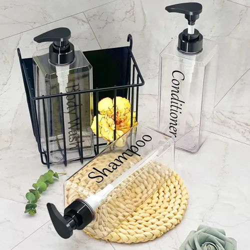 Vista 4 de Dispensador de champú y acondicionador (transparente, juego de 3, 27 onzas) - Botellas de champú y acondicionador recargables y vacías, juego