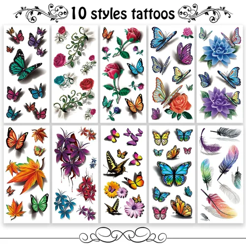 Vista 2 de Cerlaza 78 estilos de tatuajes temporales para mujeres adultas, calcomanías de tatuaje de mariposa realistas, tatuajes temporales para mujer