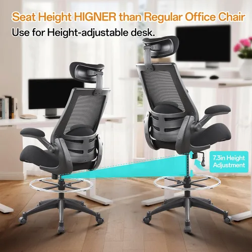 Vista 5 de BOLISS Silla de oficina alta de dibujo, 400 libras, respaldo alto, silla de escritorio ancha cómoda con reposabrazos abatibles, soporte lumbar, Negro
