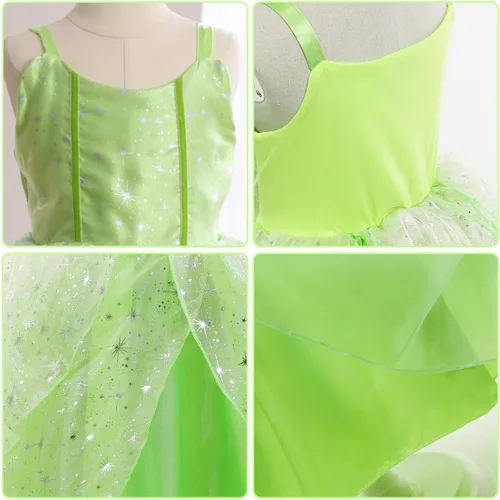 Vista 5 de iTVTi Disfraz de Campanilla para niñas pequeñas, vestido de alas verdes de hada de princesa, fiesta de cumpleaños, Halloween, cosplay