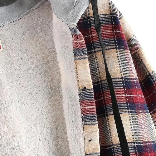 Vista 3 de Zaful chamarra con capucha y forro polar a cuadros para mujer, con botones, de gran tamaño, de franela
