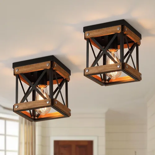 Vista 10 de Lámpara de techo rústica de madera de granja, jaula cuadrada de madera de roble y metal, pequeña lámpara de techo semiempotrada para cocina