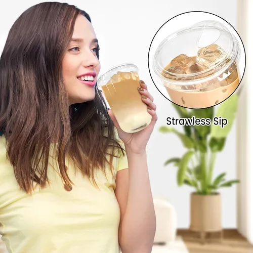 Vista 3 de Tazas de plástico transparentes con fondo redondo y tapas con orificio, 25 juegos, tazas de café helado desechables de 16 oz con tapas sin pajita