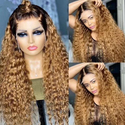 Vista 4 de Pelucas de cabello humano brasileño Remy brasileño con encaje frontal transparente HD de 13 x 6 pulgadas, color rubio miel, para mujeres negras, sin